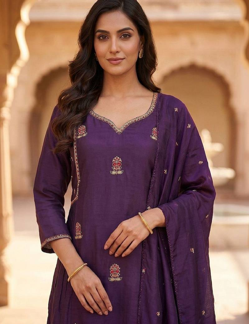 Women Ethnic Motifs Embroidered Regular Thread Work Kurta with Trousers & With Dupatta