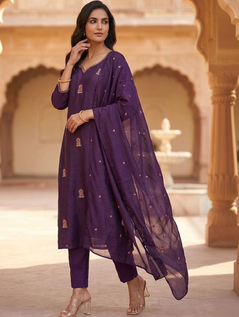 Women Ethnic Motifs Embroidered Regular Thread Work Kurta with Trousers & With Dupatta