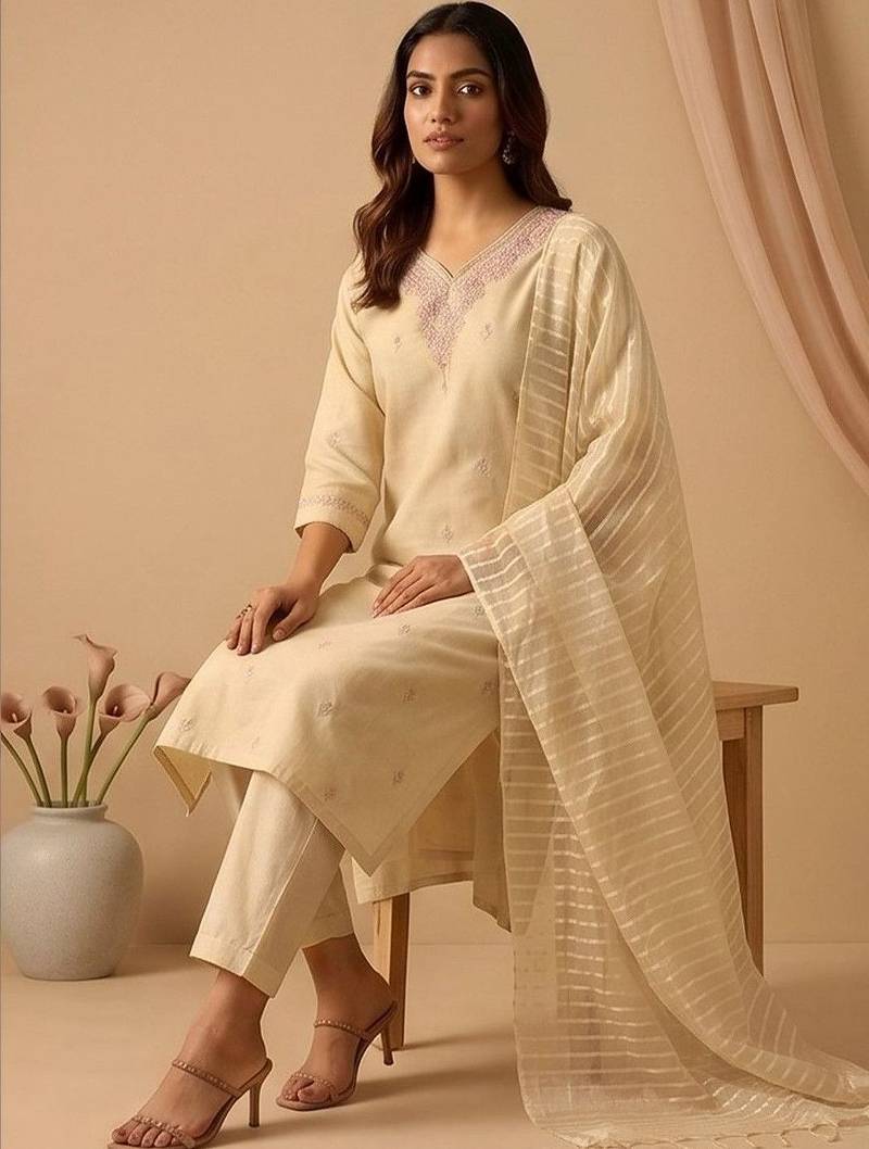 Women Ethnic Motifs Embroidered Regular Thread Work Kurta with Trousers & With Dupatta