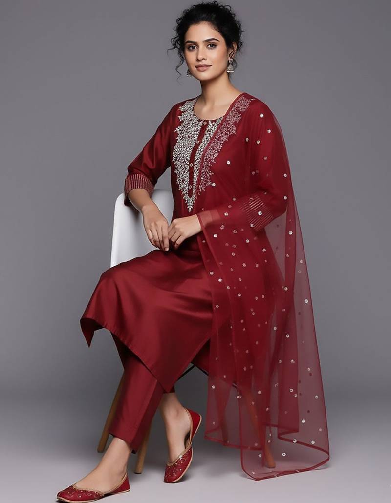 Women Floral Embroidered Regular Chanderi Silk Kurta with Trousers & With Dupatta