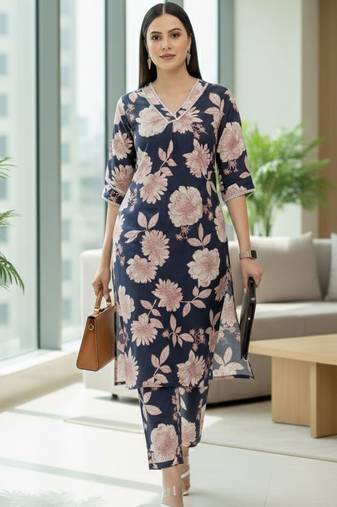 women floral printed regular  cotton kurta with trousers