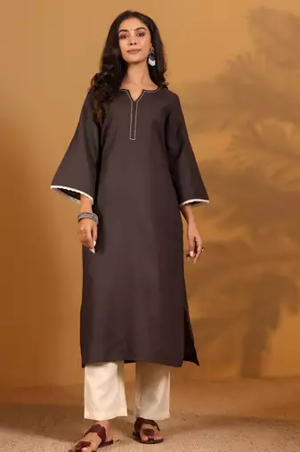 Kantha Work Notch Neck A-Line Kurta With Trousers