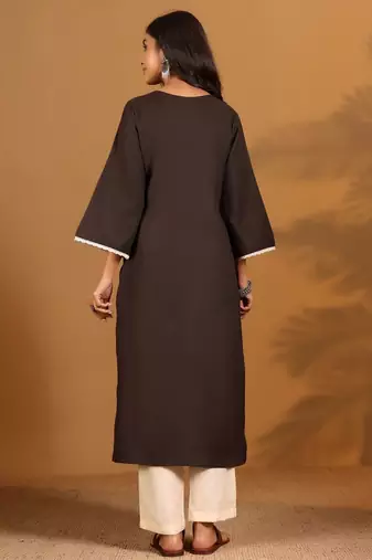 Kantha Work Notch Neck A-Line Kurta With Trousers
