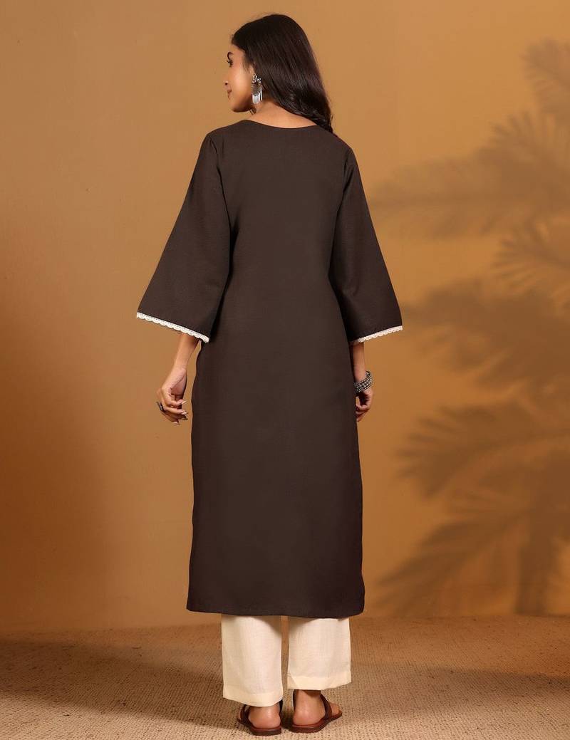 Kantha Work Notch Neck A-Line Kurta With Trousers