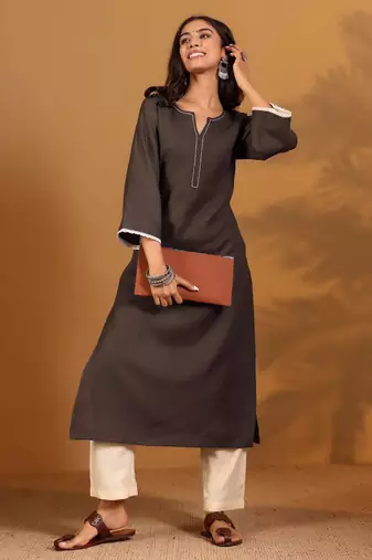 Kantha Work Notch Neck A-Line Kurta With Trousers