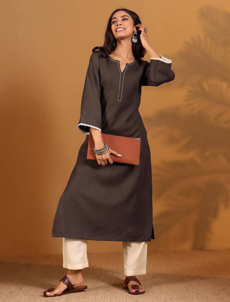 Kantha Work Notch Neck A-Line Kurta With Trousers