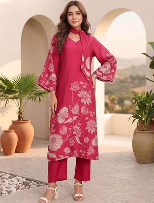 Women Floral Printed Regular Chanderi Silk Kurta with Trousers & With Dupatta 1