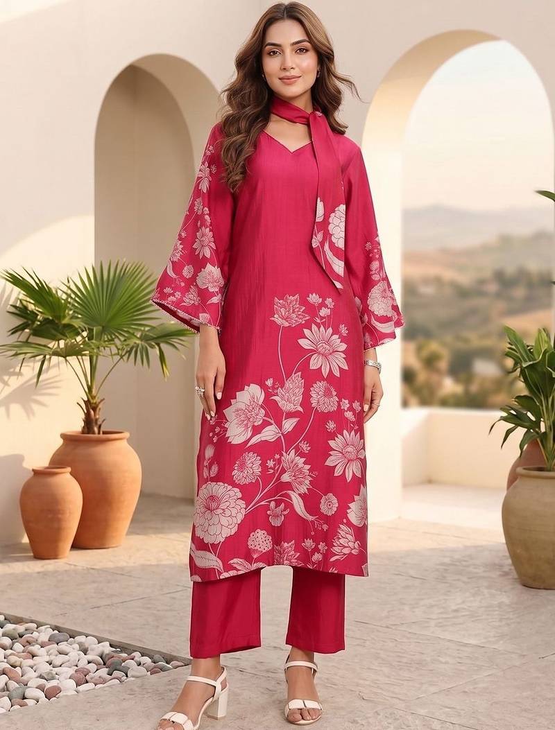 Women Floral Printed Regular Chanderi Silk Kurta with Trousers & With Dupatta