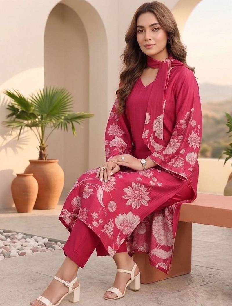 Women Floral Printed Regular Chanderi Silk Kurta with Trousers & With Dupatta
