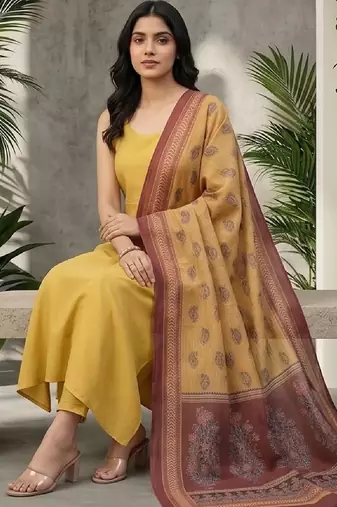 Women Ethnic Motifs Regular Kurta with Trousers & With Dupatta