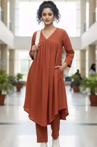 Women Empire Silk Crepe Kurta with Trousers