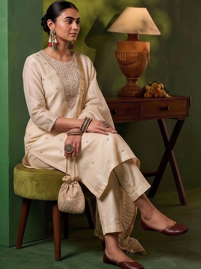Women Ethnic Motifs Embroidered Regular Thread Work Kurta with Trousers & With Dupatta