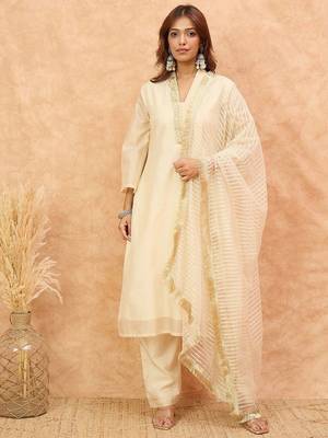 Embroidered V-Neck Thread Work Kurta with Trousers & With Dupatta 1