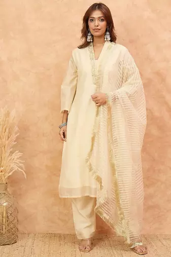 Embroidered V-Neck Thread Work Kurta with Trousers & With Dupatta