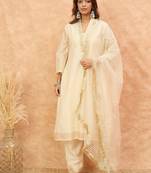Embroidered V-Neck Thread Work Kurta with Trousers & With Dupatta