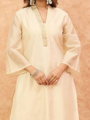 Embroidered V-Neck Thread Work Kurta with Trousers & With Dupatta 2