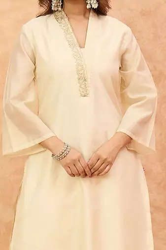 Embroidered V-Neck Thread Work Kurta with Trousers & With Dupatta