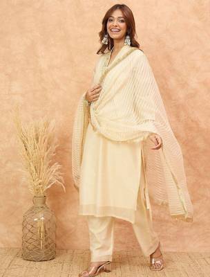 Embroidered V-Neck Thread Work Kurta with Trousers & With Dupatta 4