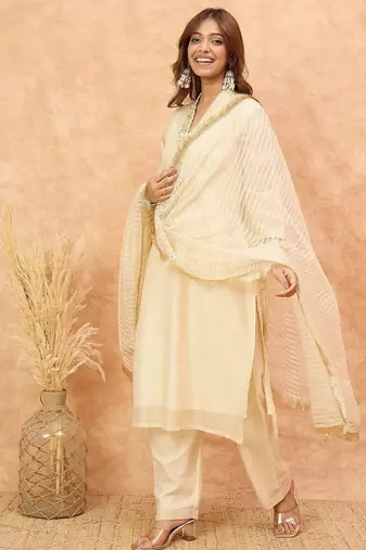Embroidered V-Neck Thread Work Kurta with Trousers & With Dupatta