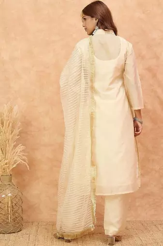 Embroidered V-Neck Thread Work Kurta with Trousers & With Dupatta
