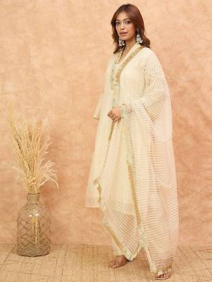 Embroidered V-Neck Thread Work Kurta with Trousers & With Dupatta 6