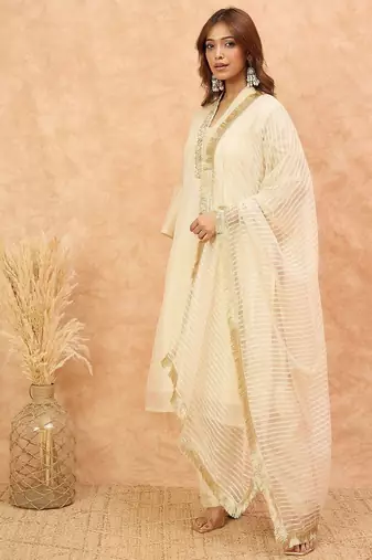 Embroidered V-Neck Thread Work Kurta with Trousers & With Dupatta