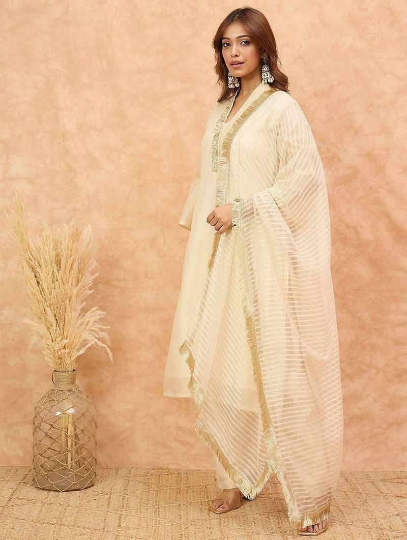 Embroidered V-Neck Thread Work Kurta with Trousers & With Dupatta