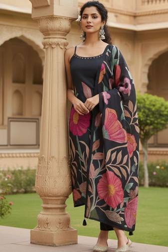 Women Floral Printed Regular Beads and Stones Kurta with Trousers & With Dupatta