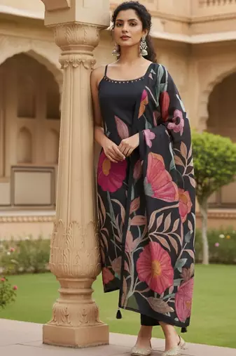 Women Floral Printed Regular Beads and Stones Kurta with Trousers & With Dupatta
