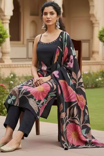 Women Floral Printed Regular Beads and Stones Kurta with Trousers & With Dupatta