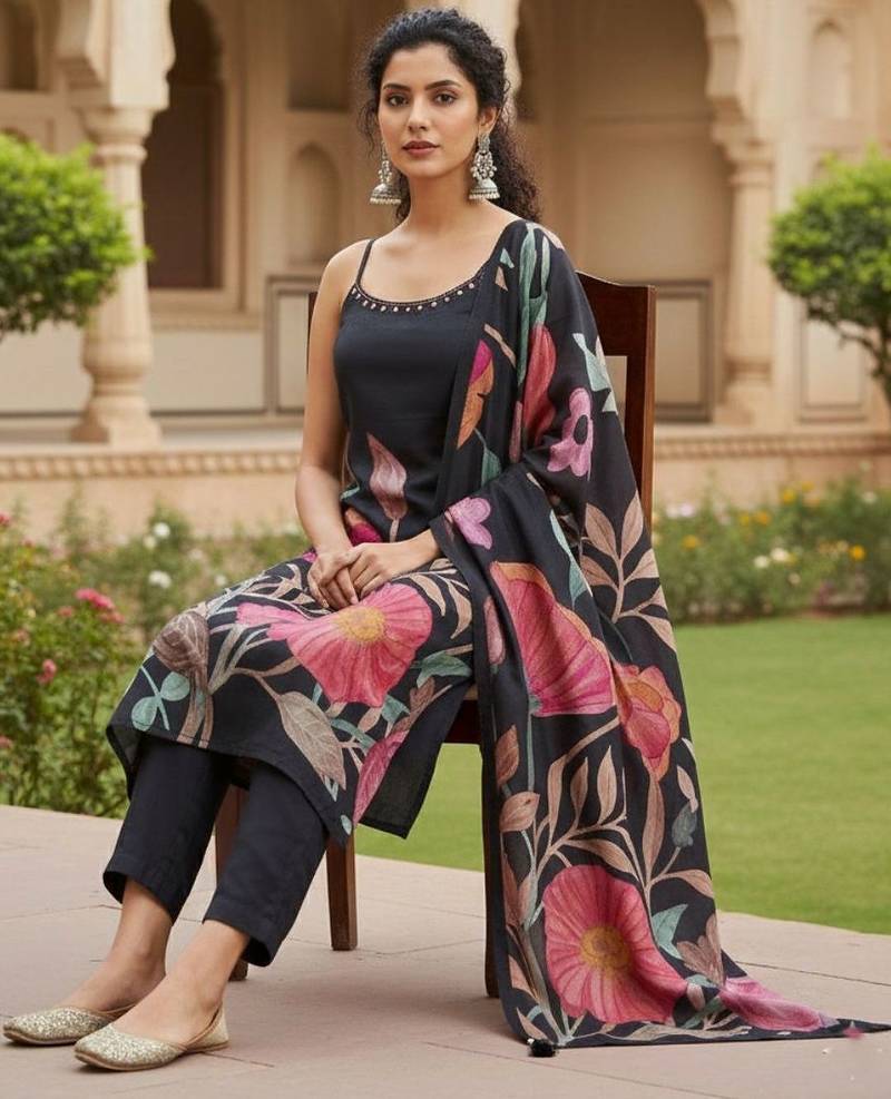 Women Floral Printed Regular Beads and Stones Kurta with Trousers & With Dupatta