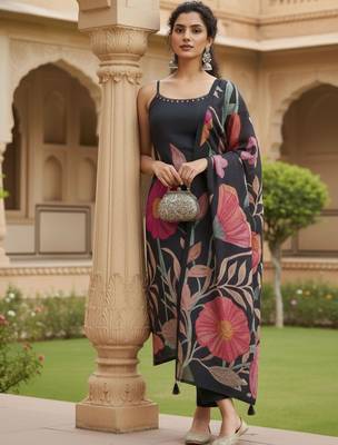 Women Floral Printed Regular Beads and Stones Kurta with Trousers & With Dupatta 4