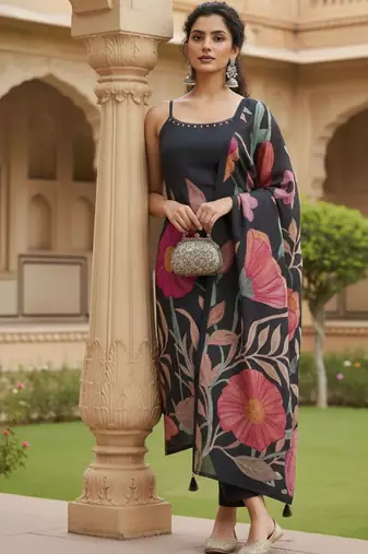Women Floral Printed Regular Beads and Stones Kurta with Trousers & With Dupatta