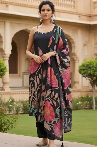 Women Floral Printed Regular Beads and Stones Kurta with Trousers & With Dupatta