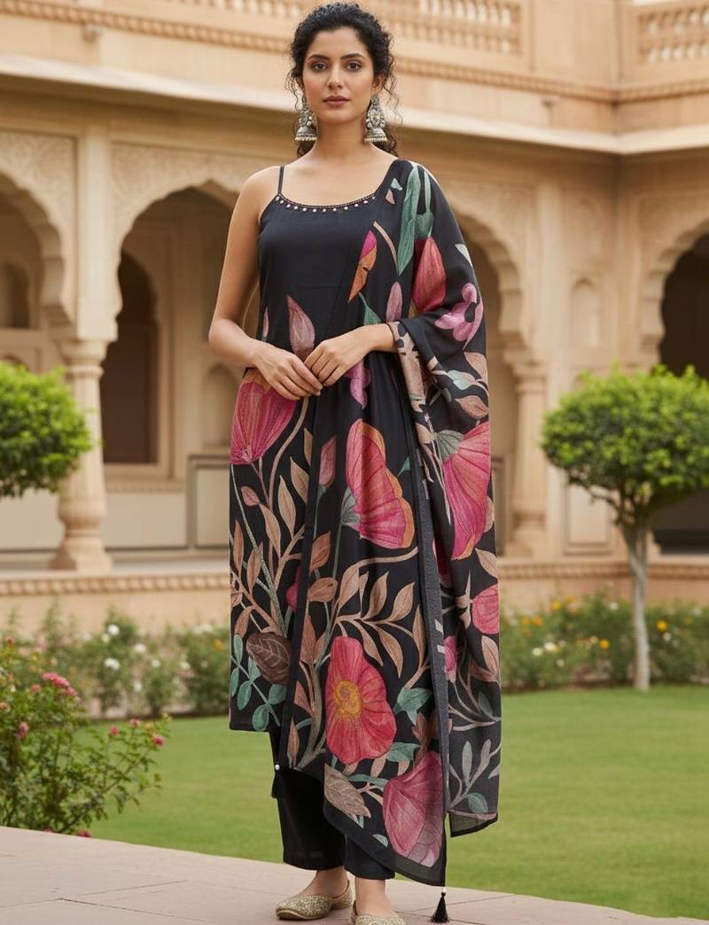 Women Floral Printed Regular Beads and Stones Kurta with Trousers & With Dupatta