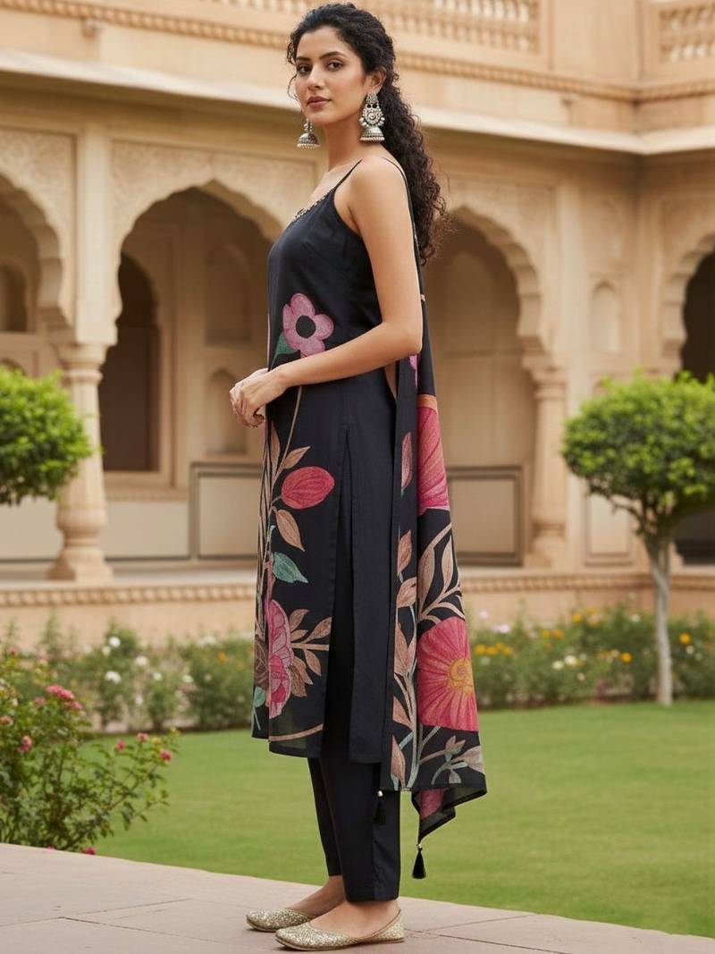 Women Floral Printed Regular Beads and Stones Kurta with Trousers & With Dupatta