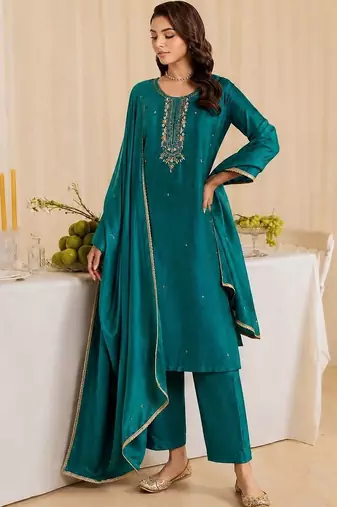 Women Ethnic Motifs Embroidered Regular Thread Work Kurta with Trousers & With Dupatta