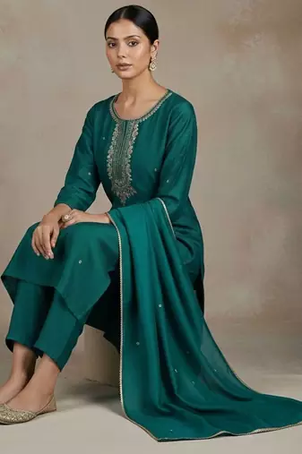 Women Ethnic Motifs Embroidered Regular Thread Work Kurta with Trousers & With Dupatta