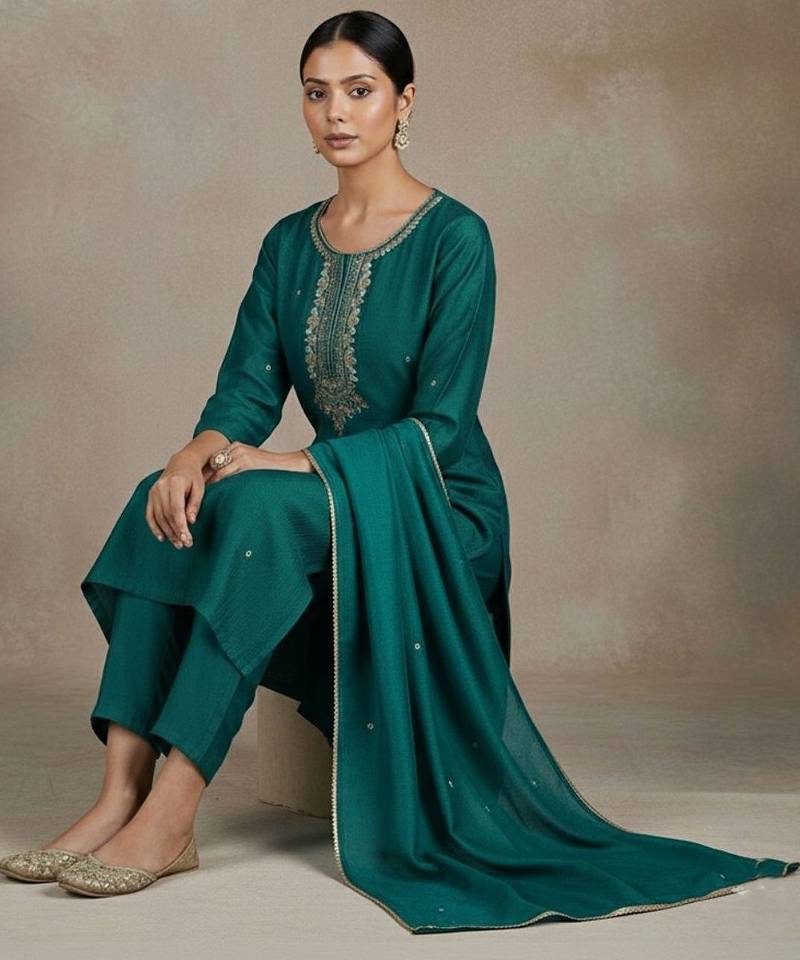 Women Ethnic Motifs Embroidered Regular Thread Work Kurta with Trousers & With Dupatta