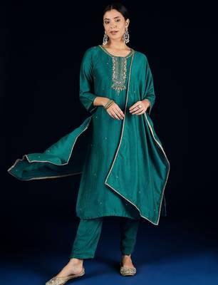 Women Embroidered Regular Beads and Stones Kurta with Trousers & Dupatta 1