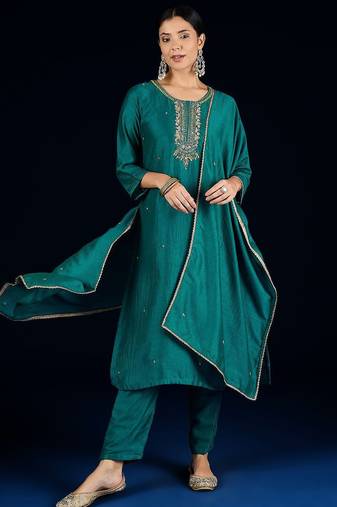 Women Embroidered Regular Beads and Stones Kurta with Trousers & Dupatta