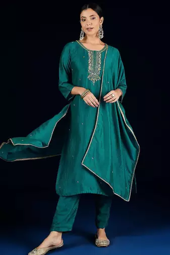 Women Embroidered Regular Beads and Stones Kurta with Trousers & Dupatta