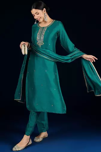 Women Embroidered Regular Beads and Stones Kurta with Trousers & Dupatta