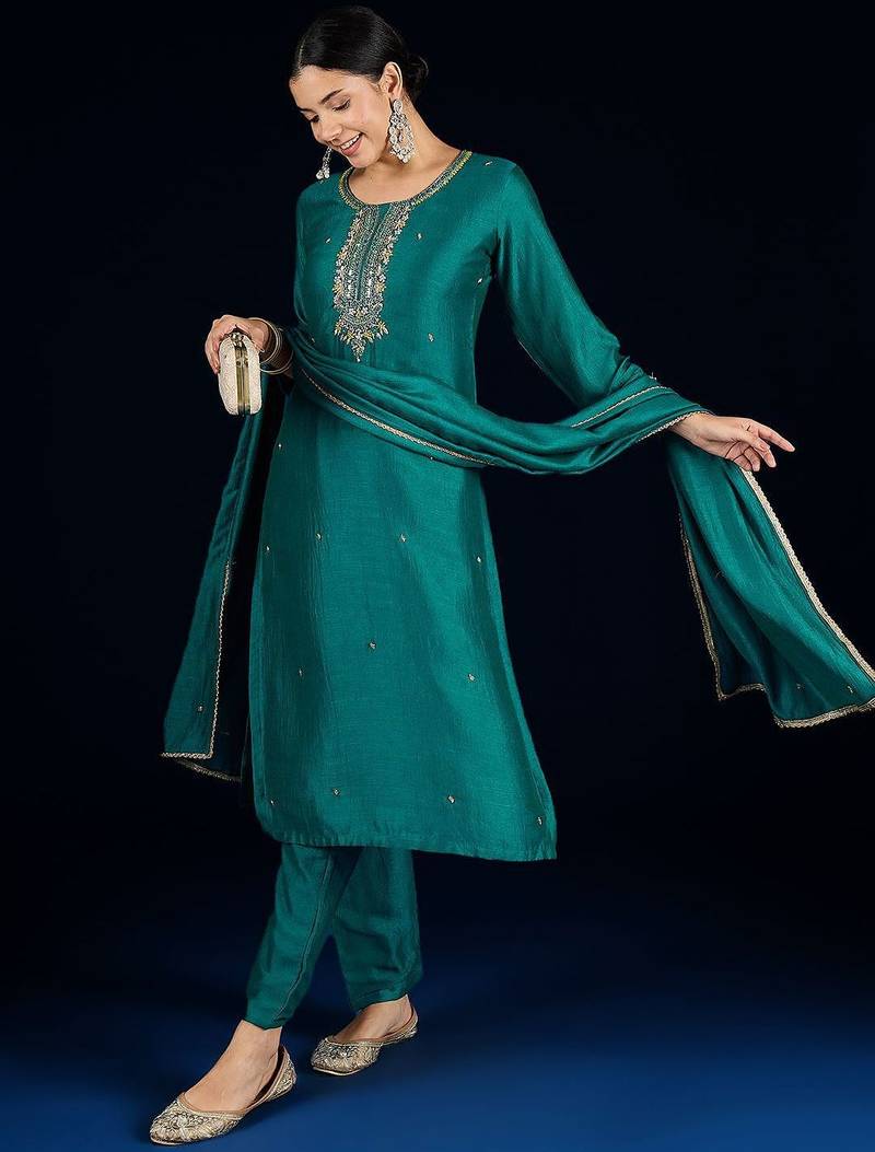Women Embroidered Regular Beads and Stones Kurta with Trousers & Dupatta