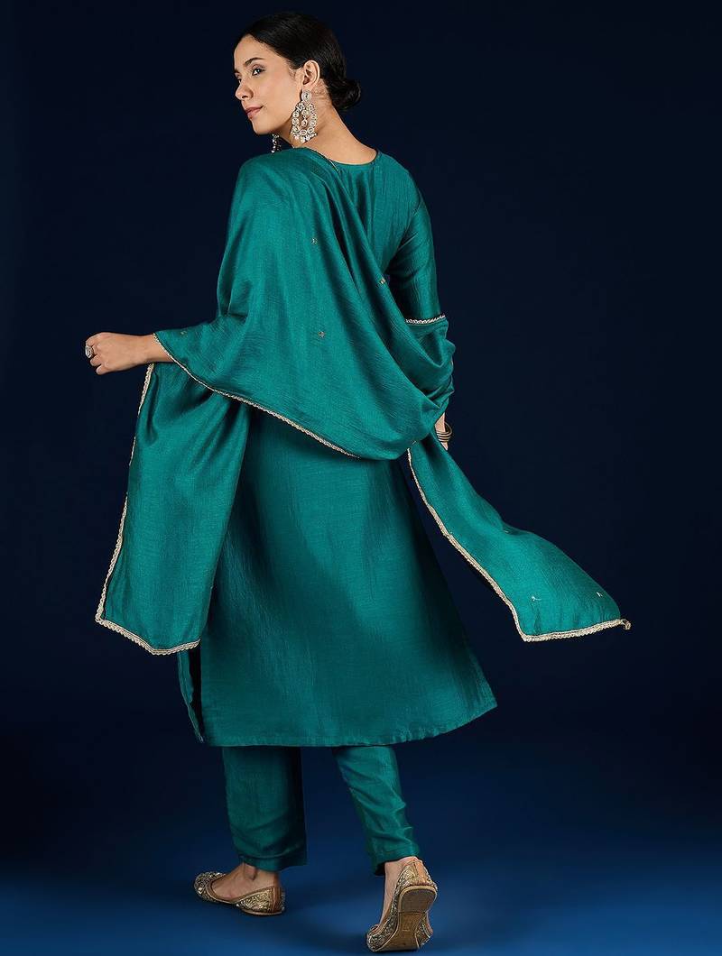 Women Embroidered Regular Beads and Stones Kurta with Trousers & Dupatta