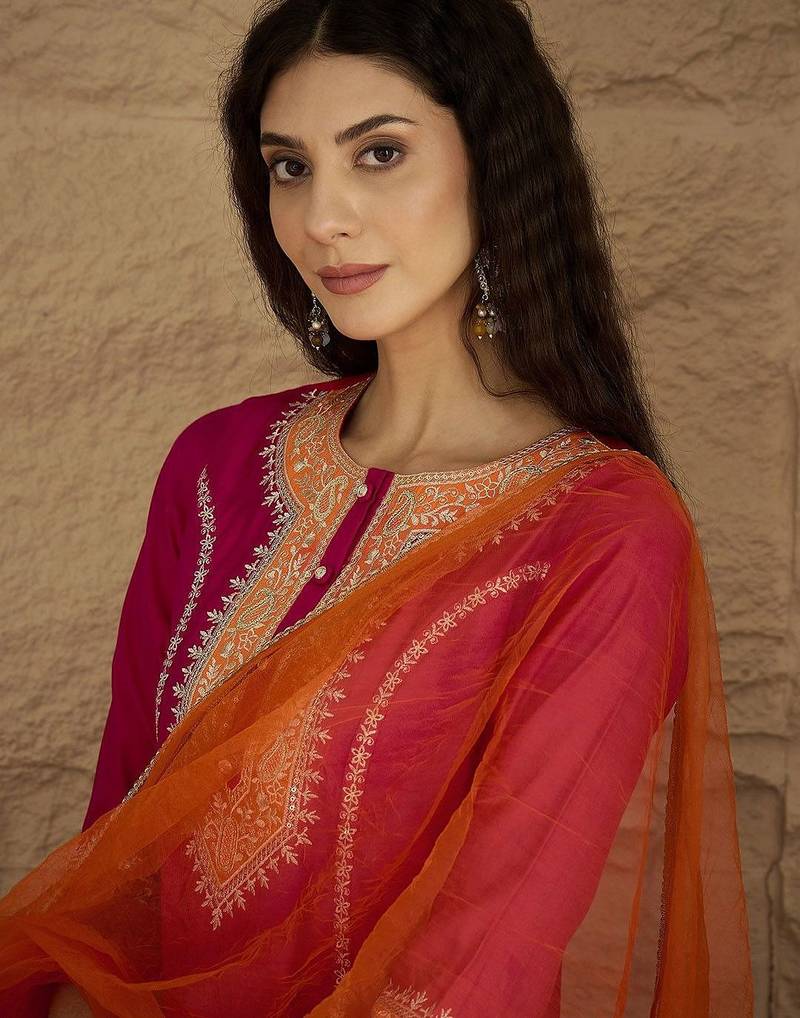 Women Yoke Design Regular Kurta with Trousers & Dupatta