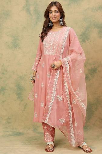 Floral Embroidered Thread Work Pure Cotton Kurta With Trousers & Dupatta