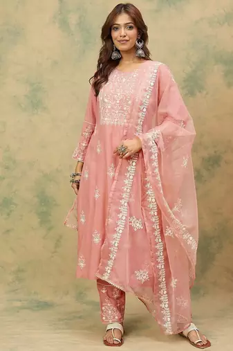 Floral Embroidered Thread Work Pure Cotton Kurta With Trousers & Dupatta
