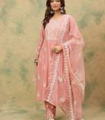 Floral Embroidered Thread Work Pure Cotton Kurta With Trousers & Dupatta