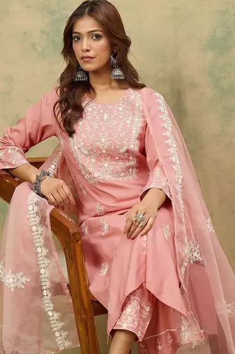 Floral Embroidered Thread Work Pure Cotton Kurta With Trousers & Dupatta